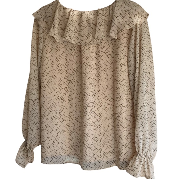 Loft Dotted Cream Beige V Neck Ruffle Lined Long Sleeve Crepe Career Blo… - Picture 8 of 14
